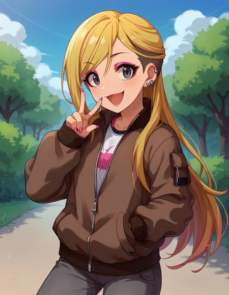 score_9,score_8_up,score_7_up,1girl,solo,cowboy shot,looking at viewer,smile,open mouth,v,outdoors,
<lora:fujimotorina_ponyXLV6:0.8>,cgfr,
blonde hair,long hair,undercut,grey eyes,
ear piercing,eyeshadow,pink nails,brown jacket,zipper,sleeves past wrists,grey pants