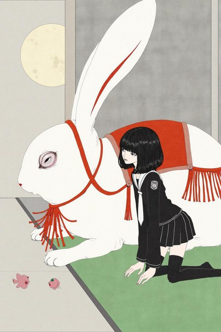 kchiba1 illustration. 
A young woman with short, straight black hair kneeling on a green surface in front of a large white rabbit, in a modern minimalist room with a large glowing full moon visible through a window on the left. She is wearing a school uniform featuring a short miniskirt.
 <lora:kchiba1_cap_d6a3:1.0><lora:837651062614674791:0>