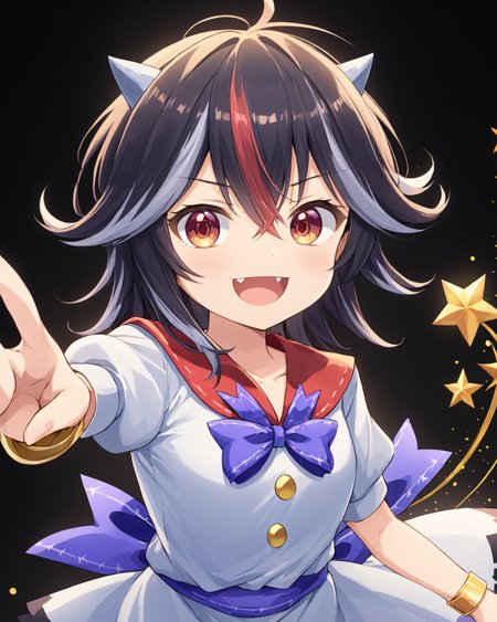 kijin seija,1girl, solo, horns, bow, fangs, looking_at_viewer, open_mouth, white_dress, smile, hand_up, puffy_short_sleeves, bracelet, black_background
<lora:kijin_seija_image4523_2023-12-20-000008:1>,star-shaped_pupils,symbol-shaped_pupils,. gorgeous,key visual, vibrant, studio anime,award-winning, professional, highly detailed,high budget, cinemascope