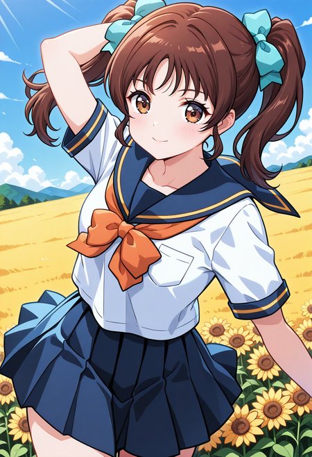 koizumi_rina, brown eyes, brown hair, twintails, hair bow, school uniform, serafuku, short sleeves, white shirt, blue skirt, <lora:fr_koizumi_rina_illustrious_ver1:0.8> 
smile,, masterpiece, best quality, general,, 1girl, solo, (field:1.2), (blue sky:1.2), looking at viewer,, (cowboy shot, dynamic pose:1.4),