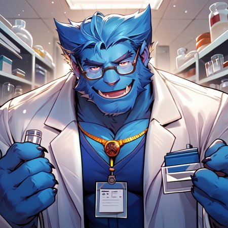 score_9, score_8_up, score_7_up,   <lora:Beast_X-men:1.0> XBeast, solo, bara, blue fur, blue hair, glasses, lab coat, smile