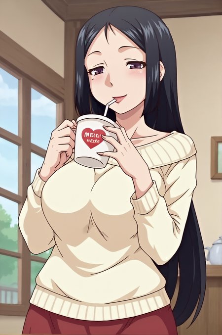 score_9, score_8_up, score_7_up,anime_source, source_anime, best background, detailed background, anime screencap,  Mizuho, sweater, long skirt, horny, naughty face, dynamic angle, dynamic camera, cup, drinking, indoors, solo, cowboy shot,  <lora:JN_Mizuho:0.8>