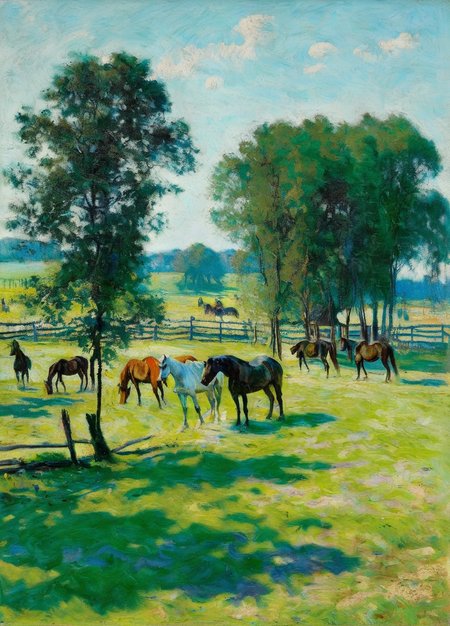 podkowinski horses in the field, trees in the background, blue sky<lora:podkowinski:0.9>