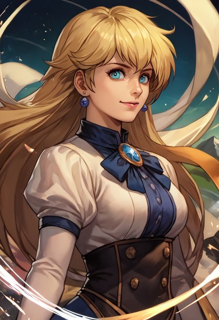 score_9, score_8_up, score_7_up, source_anime,
, (best quality) , (highly detailed) ,masterpiece ,absurdres ,detailed face ,beautiful face ,
<lora:pony_xl_Hildegard:0.8>, Hildegard, score_9, score_8_up, 1girl, mature female, kawaii, solo, long hair, earrings, dark-blonde hair, female adventurer outfit, hair ribbon, gloves, cleavage, black pants, dynamic pose, dynamic angle, light smile, happy, looking at  viewer, mountain landscape,
best quality, masterpiece, very aesthetic, portrait, upper body,
OverallDetail