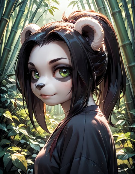 score_9,score_8_up,score_7_up,score_6_up,
outdoors, bamboo forest, 
headshot,light smile,parted lips,long eyelashes,
shirt, from behind, 
<lora:Li Li_v01_PDXL:0.9>,L1L1,1girl,solo,furry female,panda ears,black hair,long hair,ponytail,green eyes,animal nose,body fur,two tone fur,black fur,white fur,
<lora:add-detail-xl:1>,