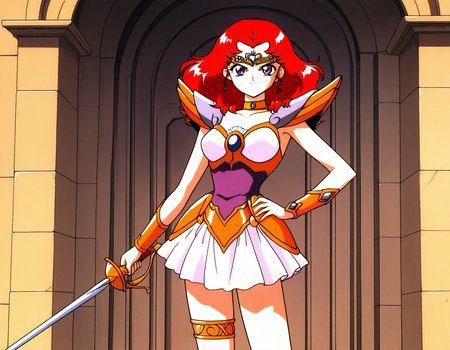 general,highres, ultra-detailed,very aesthetic,best quality ,best hands,  BREAK <lora:Scarlett_ohara_IS:1> Scarlett_ohara, 1girl,solo, red hair, long hair, purple eyes, breasts, 1990s (style), anime coloring, 
 choker, armor, 1990s (style), skirt, hand on hip, smile, tiara, jewelry, magical girl, thighlet, white skirt, miniskirt, thigh strap, armored dress, bracer, shoulder armor, blue eyes, looking at viewer, short hair, pauldrons, 
hold, sword, rapier, serious face, fighting pause,
day, say,