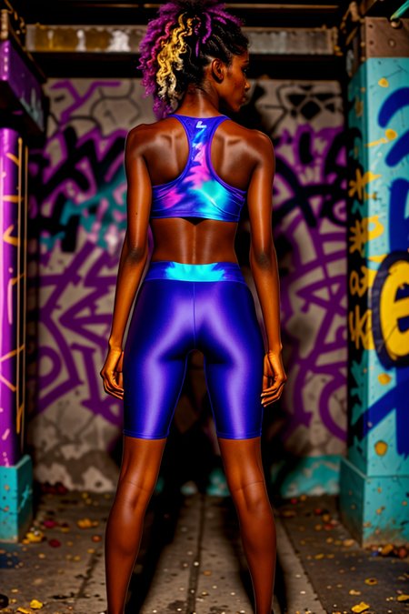 <lora:LCM_LoRA_Weights_SD15:1>,A 25yo old Woman <lora:skin_tone_slider_v1:5>,(wears a create powerful and varying colors patterns Turquoise and Gold,bike shorts,b1k3r5h0rt5,navel,and a loose cotton crop top),<lora:b1k3r5h0rt5-v3:0.7>,action an abandoned subway tunnel transformed into an underground punk squat, its walls adorned with political graffiti and makeshift art installations, Here, homeless punks and activists find refuge from the harsh realities of the city above, sharing food, music, and solidarity in the face of oppression,dynamic pose,(full body:1.4),(full shot:1.4),(full body shot:1.4),(from behind,from_back:1.2),,, (highly detailed skin with hairs:1.1),(detailed skin:1.1),detailed face,(detailed eyes:1.1),very high intricate detailing,sharp focus,Masterpiece,best quality,photo,realistic,very aesthetic,