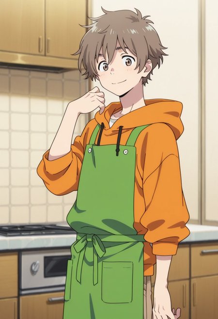 masterpiece,best quality,amazing quality, source_anime, 
shunhashimoto, 1boy, male focus, solo, brown eyes, brown hair, hoodie, orange hoodie, apron, green apron, brown pants, smile,