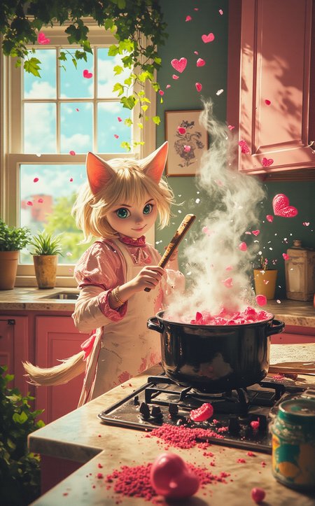 A cozy, sunlit kitchen nestled in a house surrounded by lush greenery, with vines and flowers creeping in through the open windows. The room is spotless and modern, with pastel pink cabinets, marble countertops, and a large, bubbling cauldron sitting on a sleek stove. The air is filled with the scent of herbs and magic, and sunlight streams in, casting a warm, golden glow over everything.

In the center of the chaos stands a stunning Catgirl Furry—slender, graceful, and impeccably groomed. Her fur is a soft, creamy white with delicate pink accents, and her ears twitch nervously as she peers into the cauldron. Her big, expressive eyes, a striking shade of emerald green, widen in panic as she realizes her love potion has gone terribly wrong. She wears a cute, frilly apron over her pastel pink dress, and her tail flicks anxiously behind her.

The cauldron bubbles violently, emitting puffs of green and pink smoke shaped like hearts. Tiny, cartoonish frogs leap out of the pot, croaking as they hop across the countertops and floor. The hearts float lazily in the air, some popping with a soft plink sound, while others drift out the window into the garden. The Catgirl Furry clutches a wooden spoon in one paw, her other paw pressed to her cheek in a gesture of dismay. Her whiskers twitch, and her ears flatten as she mutters to herself, "Oh no, oh no, oh no!"

The kitchen is a mix of adorable and chaotic—a spilled jar of glittering pink powder sits on the counter, a recipe book lies open to a page titled "Perfect Love Potion," and a few stray frogs have already made their way into the sink. Outside, the greenery sways gently in the breeze, and a few curious birds perch on the windowsill, watching the scene unfold.

The Catgirl Furry’s expression is a perfect blend of panic and determination, as if she’s already planning her next attempt. The scene is whimsical, colorful, and full of personality, capturing the charm of a magical mishap in a world where love potions and frogs collide."