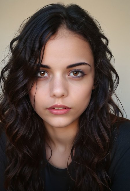 realistic, 23yo girl, long wavy black hair, brown eyes, UHD, photorealistic, best quality, masterpiece, 16K, cinematic