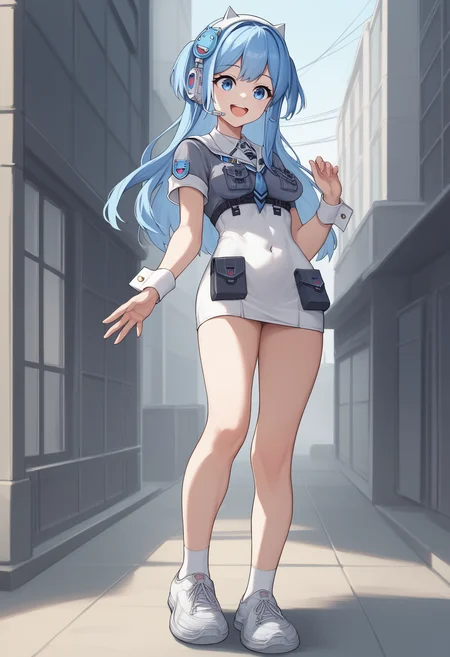 score_9, score_8_up, score_7_up, source_anime BREAK 1girl, solo, standing, <lora:shifty-nikke-richy-v1_pdxl:1> shifty, blue eyes, blue hair, two side up, long hair, hair ornament, animal ear headphones, headset, sailor collar, button badge, serafuku, blue neckerchief, grey shirt, short sleeves, wrist cuffs, breast pockets, breasts, pouch, white dress, covered navel, bare legs, white footwear, sneakers, socks, smile, happy, open mouth,