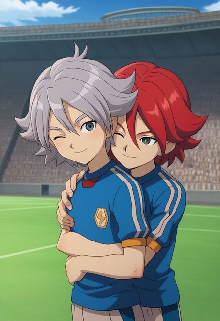 score_9, score_8_up, score_7_up, source_anime, highly detailed, skinny, slender, 2boys,
hiroto2, 1boy, soccer uniform, sportswear, red hair, upper body, tracksuit, smile, BREAK 
fubuki2, 1boy, soccer uniform, sportswear, smile, raimon soccer uniform, raimon, grey hair,
standing, hug, hug from behind, smile, wink,
outdoor,