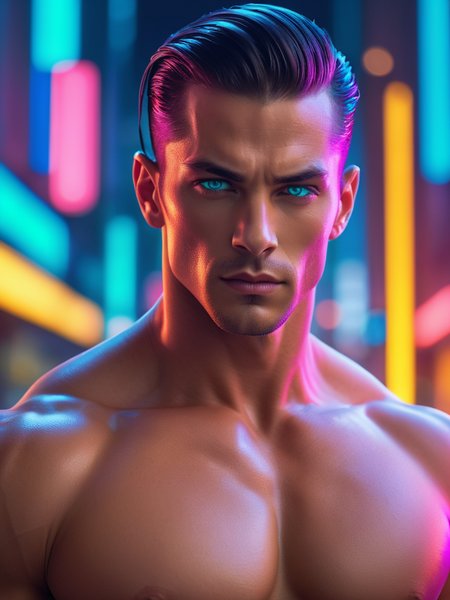 Photographic,absurdres,masterpiece,sharp focus,extreme detail description,male focus,muscular,abs, A striking man with slicked-back hair, in a futuristic cityscape, with neon lights reflecting in his eyes, (futuristic, vibrant, neon-lit).