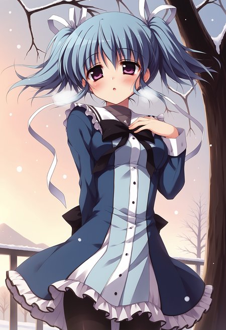 score_9, score_8_up, score_7_up BREAK
source_anime, rating_safe, dutch angle, outdoors, sunset, bare tree, winter, snowing, snowflakes, cold, breath, wind, floating hair, wind lift, hand on own chest, narrowed eyes, big eyes, blush, open mouth, parted lips, solo, 1girl, mssakuno, blue hair, short hair, short twintails, hair ribbon, purple eyes, medium breasts, school uniform, blue dress, long sleeves, frills, ribbon, black pantyhose <lora:mashirosakuno_epoch_7:0.7>