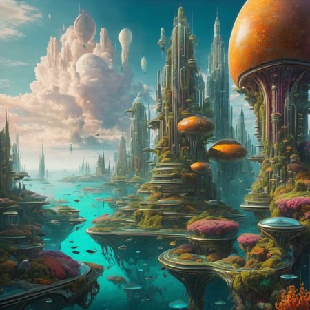 underwater futuristic city, fantasy, legendary, otherworldly landscape, bright colors, intricate details, surreal elements, clouds, empty scene