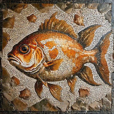 cinematic photo mosaic of a  big Gold fish <lora:Roman_Mosaic:1.0>, 35mm photograph, film, bokeh,  professional, 14k, highly detailed