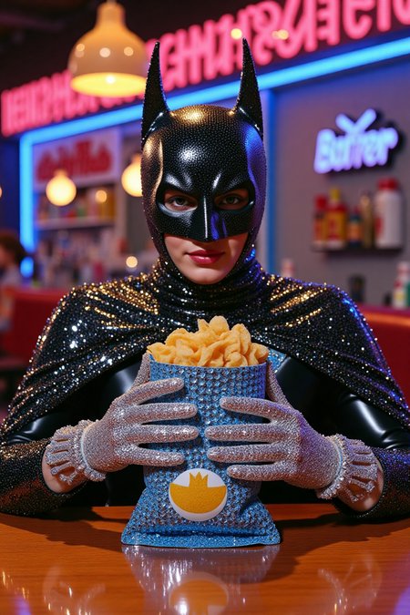 A vibrant raw photo of a batman , he  is sitted on a brown table, the restaurant is made of sparkling material , he is holding a bag of chip, her gloves are made from shimmering, silver lined with extremely tiny blue crystals, avant-garde and premium photography