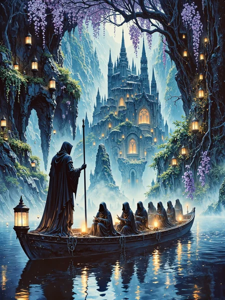 famous artwork, a masterful watercolor and ink painting on traditional washi paper, rule of thirds composition, ancient greek mythology and architecture, a hauntingly beautiful scene unfolds as the dark robed charon, the solemn, towering ferryman of the underworld, guides his ancient black boat across the spectral, mist-laden waters of the river styx in the underworld of greek mythology, the vast, otherworldly river stretches into the distance, its surface reflecting the eerie glow of small, ghostly lanterns that line the boatâs edges, soft ripples distort the reflection of their flickering light on the water's surface, charon stands at the helm of his ferry, his skeletal hand gripping a long oar, guiding his vessel through the mystical gloom. the boat itself is decorated with masterfully crafted, intricate carvings, charon's face is obscured by shadows of his hood, his presence exudes an ancient, quiet authority. the river is ink-black. ethereal will-o-wisps flicker in the mist, their golden glow illuminating the rock formations that rise from the riverbanks like the remnants of forgotten tombs. some shadowy translucent souls in the boat sit in quiet contemplation, others gaze toward the distant shore, where the underworldâs dark spires loom, jagged rock formations pierce through the fog, their twisted, unnatural shapes softened by the luminous glow of will-o-wisps that hover along the shore of the river. above, a hauntingly beautiful twilight sky shifts between deep indigo and an ethereal teal, scattered with translucent spirits. wisteria vines hang like cascading curtains from ancient, black trees, their luminescent violet blossoms adding a touch of delicate sorrow to the scene, the entire composition is drenched in a melancholic, atmospheric beauty, a balance between sorrow and wonder, emphasizing the interplay of glowing light and deep shadow, the ethereal mist wafting over the water, and the translucent lost souls, all captured with masterful brushstrokes. deep blues, purples, greens, and spectral golds create a dreamlike, melancholic atmosphere. detailed hoods and robes, detailed ornate carvings on the boat, accurate reflections, ovg, studio ghibli dark fairytale, <lora:style-dark_ghibli-flux-by_arsmachina:0.56> <lora:image_enhancer-flux-by_dever:0.8>