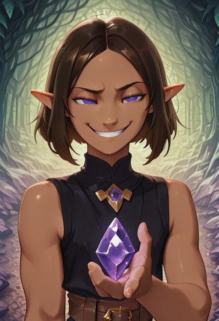 1 Lapanya, solo, Repeta, violet eyes, black sleeveless top,
Grinning, lowered eyebrows, smug expression,
Holding purple gemstone in one hand, 4-sided gemstone, small gemstone,
organic cavern background, 
Medieval style, Smooth colors, detailed eyes, clean lines, high quality, best quality, masterpiece, rating: safe, source: anime,