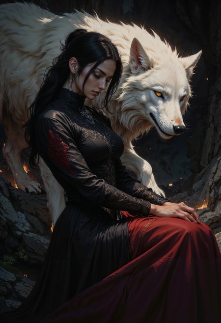 a digital painting in a dark, mystical fantasy style. The central figure is a young woman with pale skin and long, dark hair tied back in a simple ponytail. She wears an elegant, black dress with red accents, which contrasts against the dark, shadowy background. Her dress has a flowing, almost ethereal quality, with intricate details and a high collar that adds a sense of regality. The woman's expression is serene and contemplative, her eyes gazing downward.
Floating beside her is a large, majestic white wolf with piercing red eyes, adding a supernatural element to the scene. The wolf's fur is depicted in soft, wispy strokes, giving it a ghostly, almost otherworldly appearance. Its eyes are intense and focused, conveying a sense of wisdom and protection.
The background is dark and shadowy, with subtle hints of light and smoke, enhancing the mystical atmosphere. The overall color palette is dominated by dark hues, with the white of the wolf and the red accents on the woman's dress providing striking contrasts. The texture of the painting is smooth and fluid, with a focus on soft, blended brushstrokes that create a dreamlike, ethereal quality.
