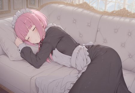 safe_pos, masterpiece, best quality, mdfan, (((1girl))), solo, 

((kaf \(kamitsubaki studio\), pink hair, long hair, blunt bangs, sidelocks, low twin braids, small breasts, maid outfit, black dress, long skirt, apron))

dynamic pose, cowboy shot, blush, lying on white sofa, sleeping, closed eyes, side view,

indoors, mansion background, day time,