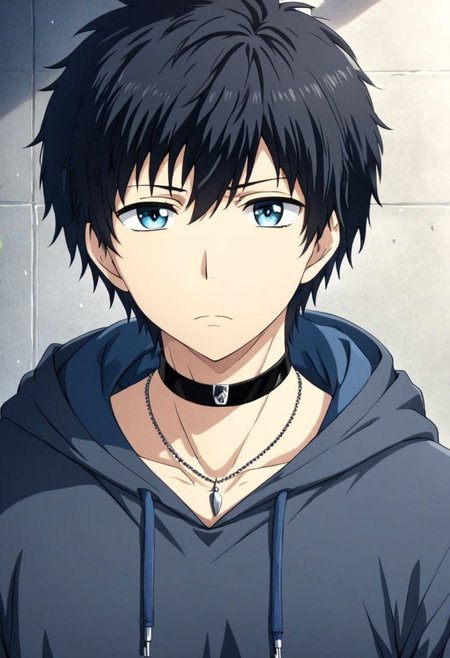 high resolution, solo, best quality, 1Boy, Arata Kaizaki, Black Hair, Blue Eyes, bangs, necklace, choker, hair between eyes, Hoodie, OverallDetail