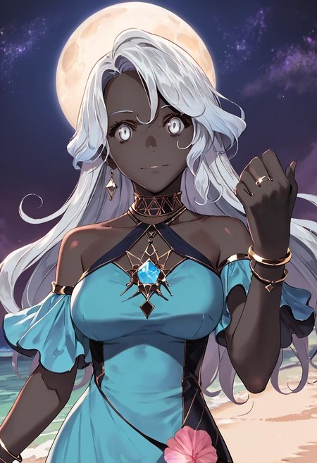 score_9, score_8_up, score_7_up,
detailed background, detailed face, detailed clothing, source_anime, ocean, outdoors, (dark background, moon, night sky, moonlight:1.3),
BREAK
1girl, (black skin:1.3), warm smile, joyful expression, glowing eyes, looking at viewer, (light blue hair, silver hair, multicolored hair:1.3), sitting, wavy hair, long hair:1.3, grey eyes, large breasts, (silver bracelet, silver rings:1.3), seashell motif, (mature woman:1.3), portrait, astrology vibes, geometric pattern, (blue royal dress:1.3), creative front angle, solo, (bare shoulders:1.3), upper body focus, cute, pretty face, blue dress, dynamic pose, hand out of frame,
