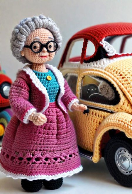 Crocheted Grandma Doll standing beside a toy Volkswagen Beetle