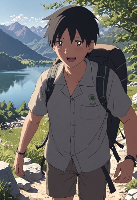 Highres, Masterpiece, High Quality, 4K, 8K, solo, 1Boy, Takaki Toono, adult, black hair, short hair, hiking gear, mountains, lakes, hiking trails, hot sun, hot weather, cool breeze, excited, stepping, happy, amazed, sweat drops, trees, rocks, easynegative, detailed_eye_model