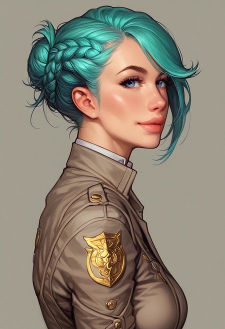 ((((side view))))
beautiful color, aesthetic, 2d,
(zeon pilot:1.3), ((khaki suit)), 
solo, standing, (battleground, explosions:1.5)
1girl, cute face, modest smile
((turquoise hair, folded in french braid, long side bang hairstyles)), 	
big natural breasts, 
focused, looking at viewer,
(((full-clothed))), dynamic pose
BREAK 
score_9, score_8_up, score_7_up, score_6_up, source_cartoon, rating_explicit, Expressiveh, (((((upper body))))), dynamic pose