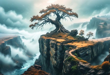 a tree on a a epic cliff, misty scenery