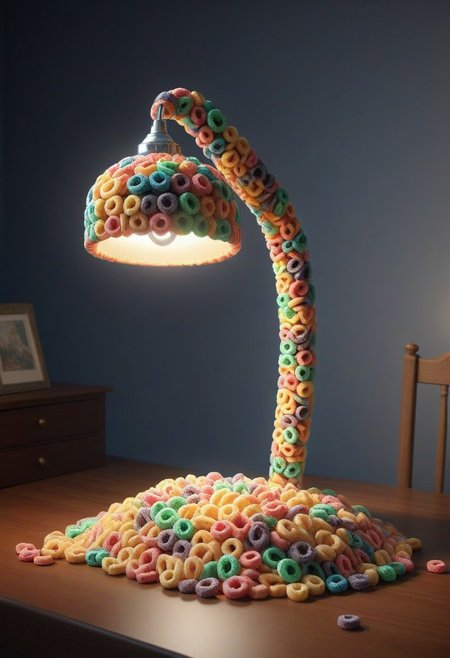 made of Fruit loops , epic picture of a desk lamp on a table, highly detailed, masterpiece, dramatic cinematic lighting, unforgettable, very intricate, high detail , photorealistic detail, ultra-realism , photorealistic,  ultra detailed ,octane render,    <lora:FruitLoopStyle_epoch_9:0.4>