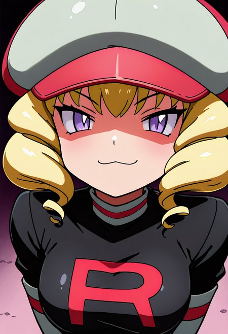 masterpiece, best quality, 1girl, solo, looking at viewer, smile,   zzDomino, purple eyes, blonde hair, drill hair, short hair,   hat, team rocket uniform, upper body, (tsurime, smug), :3,   <lora:DominoPokemon_IXL_v2:1.0>,