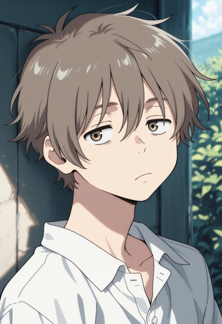 masterpiece,best quality,amazing quality, source_anime, 
shunhashimoto, 1boy, male focus, solo, brown eyes, brown hair, shirt, white shirt, collared shirt, short sleeves, outdoor, portrait, bored