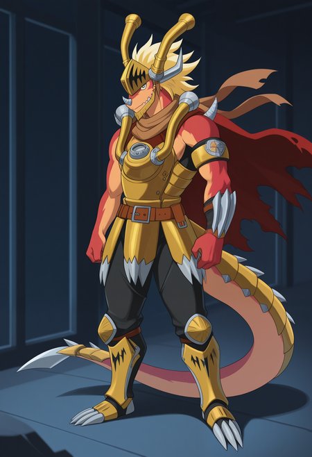 masterpiece,best quality,amazing quality, 1boy, solo, bunk3r, dragon boy,  dragon horns, helmet, gold horns, red cape, gold chest armor, golden armband, brown belt, crotch plates, black pants, golden kneecaps, golden shin guards, tail, tail armor, torn clothes, full body, torn cape,