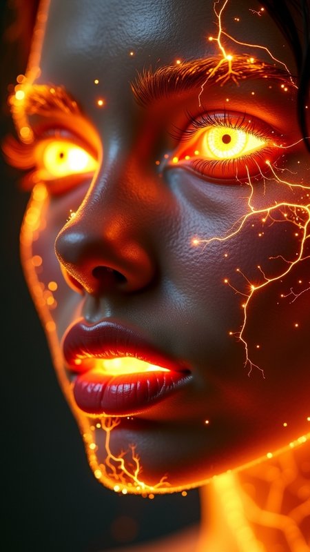 Close up on the beautiful woman's face that made out of pure energy, with glowing nerves under the skin and fiery iris of the eyes, like two magical black holes. Shallow depth of field with focus on the burning beautiful lips. Translucent lips from the glow under the skin, but not inside the mouth. Energy waves burst out from the skin, similar to solar flares. Slight cracks on the cheeks and forehead.