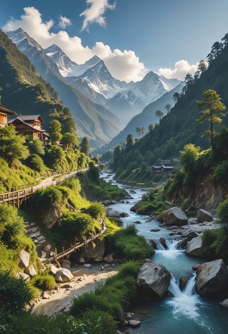 A serene and picturesque scene of the Nepal valley, surrounded by towering Himalayan mountains. In the distance, the majestic Mount Everest, the highest peak in the world, proudly stands tall, adorned by its icy white cap. The valley itself is lush and green, dotted with small villages and terraced rice paddies.
The sky is a brilliant blue, unobstructed by clouds, allowing the warm sunlight to bathe the entire landscape in a golden glow. The air is crisp and clean, filled with the scent of pine trees and the sound of rushing mountain streams. 
In the foreground,there is a wooden bridge across that spans a narrow gorge. The image evokes a sense of peace and harmony, as well as an overwhelming appreciation for the raw beauty and majesty of nature.