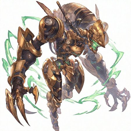 gbf_style, high detail, masterpiece, great detail, high quality, hdr, hd, incredible quality, simple background, white background, solo, alone, full body, mechanical,Science fiction, steampunk, 19th century, robotic, giant, serpent body, dragon helmet, iron body, orange bronze plates, clockwork engines, six limbs, claws, sharp fangs, green glowing eyes, menacing posture