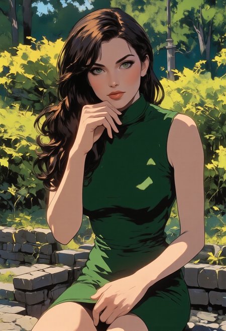 "A very beautiful woman with clear eyes, wearing a form-fitting qipao, sits gracefully on a stone bench in a serene park. The scene is captured with a highly realistic, cinematic quality, with movie-grade color grading that enhances the atmosphere. Her elegant physique is accentuated by the traditional Chinese dress, and her poised demeanor creates a sense of calm. The background features lush greenery, and the lighting highlights the tranquility of the setting. The overall composition is a digital painting that combines aesthetic beauty with a refined sense of realism, creating an epic, captivating scene."