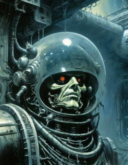 "Close-up, front-facing view of a scavenger, his face reflecting horror, within the chilling confines of a derelict space station. Sharp contrasts, lavishly intricate, drawing from H.R. Giger", surrealism, weird and pissed off, oil on canvas, dry brush, <lora:John Berkey Style:0.9>, John Berkey Style