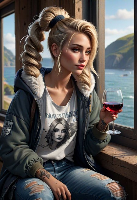 gorgeous young Swiss woman sitting by window with glass of wine , wearing with a (Distressed boyfriend jeans paired with an oversized graphic hoodie featuring tattoo artwork and layered with a faux fur-lined parka), mega twintails, soft lips, beach blonde hair, octane render, unreal engine, photograph, realistic skin texture, photorealistic, hyper realism, highly detailed, 85mm portrait photography, award winning, hard rim lighting photography, Movie concept art, trending on ArtStation, ultra-detailed realism, cinematic composition