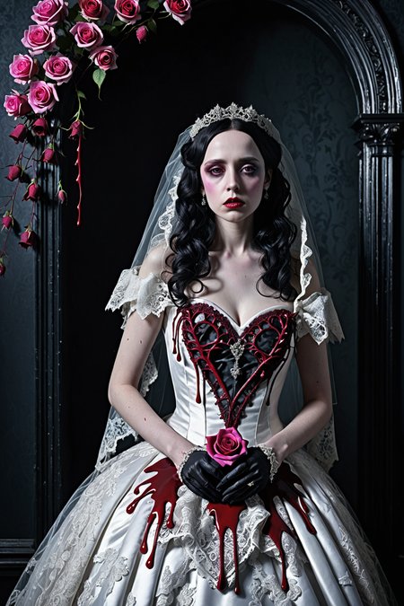digital photography, Halloween, Valentine's Day, gothic Victorian mansion, cobwebs, heart-shaped lace, romantic sonnets, roses, blood-red, decaying black, thorny vines, bat-winged cupids, candied hearts, ghostly bride, tattered wedding dress, eerie glow, (red neon glow), bloody, blood dripping on dress, bleeding hearts, dark, romantic, macabre, Tim Burton, photorealistic, rich colors, dramatic lighting, intricate details, lace, textures, dreamlike, surreal, sad, somber expressions, raven, 8k resolution, pink, red, <lora:add-detail-xl:2>