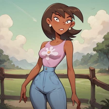 score_9, score_8_up, score_7_up, 1girl, Kathy, brown hair, medium hair, black eyes, dark skin, earrings, medium breasts, narrow waist, wide hips, looking at viewer, highres, high quality, masterpiece, <lora:Kathy:0.8>