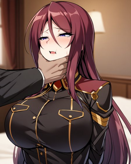 masterpiece, best quality, absurdres, full body, 1girl, solo focus, BeatriceKushan, bk's uniform, arms behind back, facegrab, 1boy, upper body, indoors, bedroom, blurry background, <lora:Bea&KilaKushan-anxl31:0.55>, <lora:facegrab:0.8>,