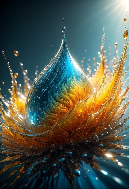 An abstract shape, amazingly fluid, made of glass, detailed, 3d fractals, light particles, water drops, shimmering light, surreal, ink, smooth, shimmering, glow, cinematice contrast, Glow, 
16k