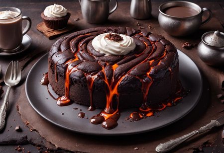 molten ral-lava chocolate  cake on a fine table with hot chocolate and silver cutlery