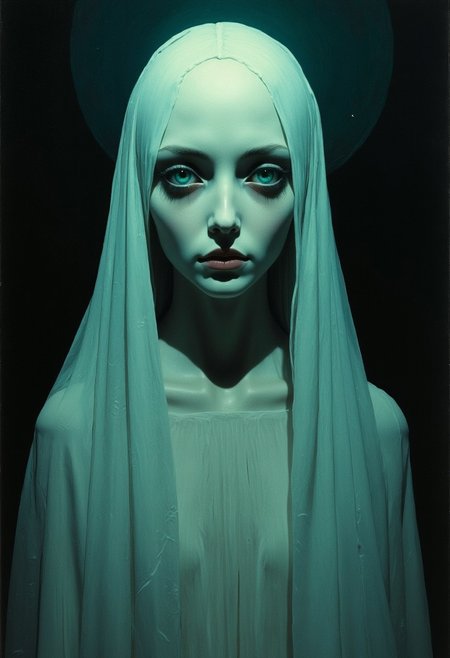 the darkest and longest night of the year. Full length view. Ghost, porcelain face, big turquoise eyes, perfect eyes, top quality style by Ralph Blakelock, Ed Emshwiller, Marianne Wroten, Arthur Rackham, Niko Anttila. Beautiful cinematic impressionistic painting in the style of Jeremy Mann and Charles Dana Gibson, Mark Demsteader, Paul Hedley + concept art, Spring, Very beautiful, gouache, cinematic, calligraphic. lines. Dark, creepy, mysterious, modern vintage, rich deep colors, boho style, beautiful patterns, fashion style illustrations. hyperrealistic photography, --niji 5 --ar 2:3 --expressive style --v 5