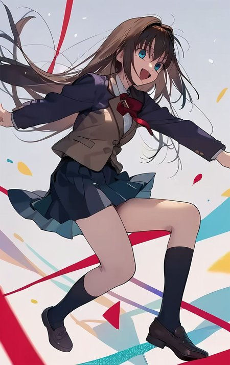 <lora:PONY_character_aozaki_aoko:1>,aozaki_aoko,  1girl, solo, school_uniform, skirt, socks, blazer, kneehighs, jacket, open_mouth, smile, shoes, black_socks, score_9, score_8_up, score_7_up, score_6_up,1girl