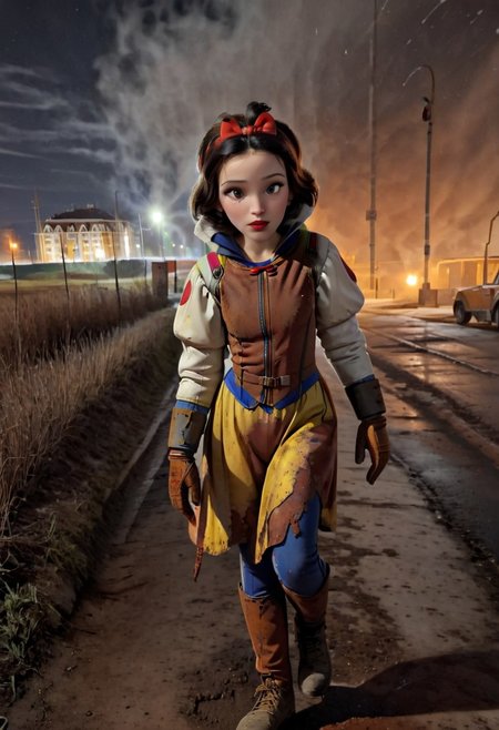 Rusted, rusted landscape, an adult Disney princess Snow White,  wearing a Hazmat suit, walking on a side walk in a run down russian city, smoke, chem trails, extreme close-up, portrait, raw, masterpiece, extreme insanely realistic detailed and intricate, extreme realistic detail, doomer aesthetics, depressing feelings, night, panelka,vintage painting,painting,realism,