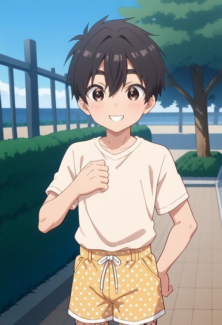 score_9, score_8up, 1boy, solo, smiling, outside, park, clapping, rentarou_aijou, black hair, brown eyes, short hair, hair between eyes, bangs, fishnet shirt, yellow shorts, polka dot shorts, dic style, vintage, cartoon